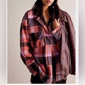 Free People Izzie Cargo Plaid Oversize Shirt Top, black Pink size medium